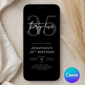 May include: A black smartphone displays a birthday invitation with the number "35" and the words "thirty five" in white script. The invitation reads "Jonathan's 35th Birthday" with date and time details. The phone is set against a neutral background.
