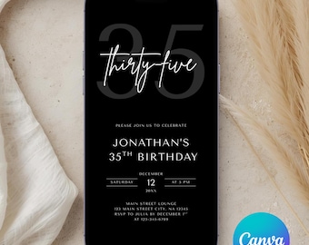 Editable Men’s 35th Birthday Invitation Template, Modern Minimal Evite, Canva Template, Digital Party Invite, Adult Men Birthday Invite