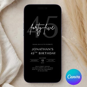 May include: A black smartphone displays a birthday invitation. The invitation reads "forty five" and "Jonathan's 45th Birthday." Details include the date, time, and location. The Canva logo is visible in the bottom right corner.