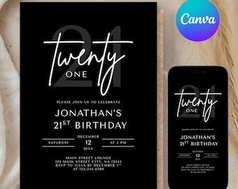 Editable Modern 21st Birthday Invitation Template, Minimalist Canva Evite and Printable (Digital Download)