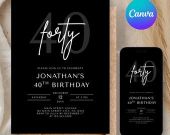 Editable Men’s 40th Birthday Invitation Template, Modern Minimal Evite, Canva Template, Digital Party Invite, Adult Men Birthday Invite