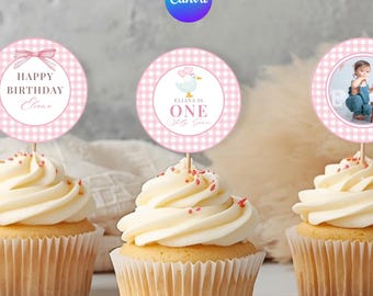 Editable Silly Goose Cupcake Toppers, Girl First Birthday Decor, Pink Printable Canva Template