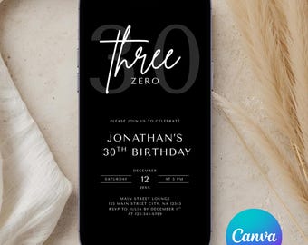 Editable Men’s 30th Birthday Invitation Template, Modern Minimal Evite, Canva Template, Digital Party Invite, Adult Men Birthday Invite