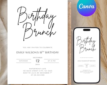 Bewerkbare verjaardagsbrunch uitnodiging, digitale uitnodigingssjabloon voor volwassen brunchfeest, minimalistische elektronische uitnodiging, afdrukbare canva mobiel