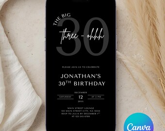 Editable Men's 30th Birthday Invitation Template, Modern Minimalist, Canva Evite and Printable (Digital Download)
