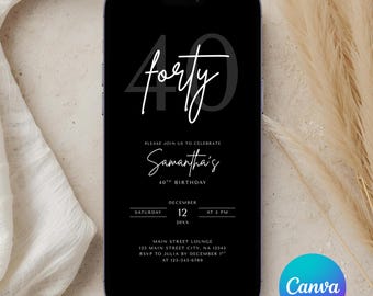 Editable 40th Birthday Invitation, Minimalist 30th Party Invite, 40th Evite, Adult Birthday Invitation, 30th, Canva Printable Evite
