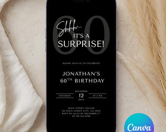 Editable Men's Surprise 60th Birthday Invitation, Modern Minimal Evite, Canva Template, Adult Birthday Invite for Men or Women
