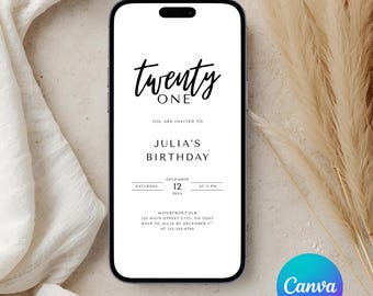 Editable 21st Birthday Invitation Template, Modern Party Evite (Canva Editable, Digital Download)