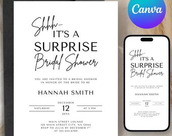 Editable Minimalist Surprise Bridal Shower Invitation, Modern Canva Template (Digital Download)
