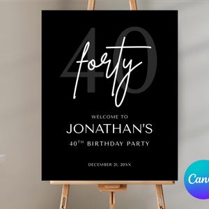May include: Black sign on a wooden easel with the word "forty" in white script over a gray "40". The sign reads "Welcome to Jonathan's 40th Birthday Party" and includes a date. Canva logo in the bottom right.