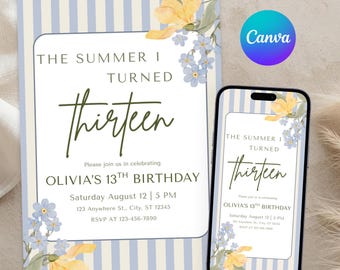 Editable The Summer I Turned Pretty Birthday Invitation, 13th Birthday Invite, Coastal Theme, CANVA Template 5x7 Printable, Mobile Evite