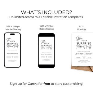 May include: An image showcasing three invitation templates for a retirement party. The templates are displayed on two smartphones and a 5x7 inch printed card. The text reads "Shhh... It's a Surprise Retirement Party". The image also includes the text "Sign up for Canva for free to start customizing!"