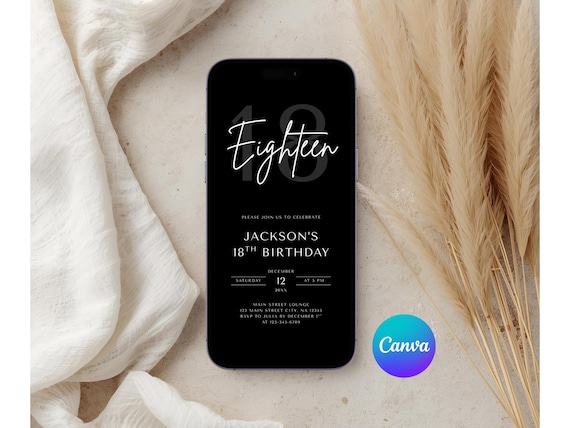 Editable Men’s 18th Birthday Invitation Template, Modern Minimal Evite, Canva Template, Digital Party Invite, Adult Men Birthday Invite