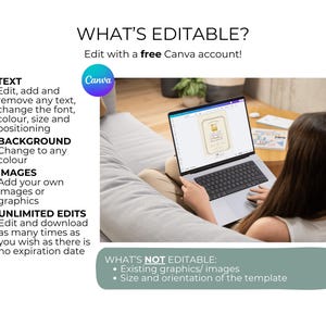May include: A laptop displaying a Canva template is held by a person. The text "WHAT'S EDITABLE?" and editing options are listed. The image highlights text, background, and image editing capabilities. The Canva logo is visible.