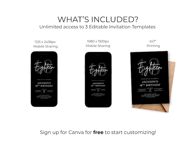 May include: Black digital invitation templates for an 18th birthday. The design includes the word "Eighteen" in a script font, the name "Jackson's", and the date. The image shows the invitation on a phone screen and printed on a card.