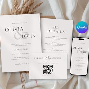 May include: A collection of wedding stationery, including invitations and details cards, with the names "Olivia & John" in elegant typography. The design features a minimalist aesthetic with a soft, neutral color palette and the date "25 April 20XX". A smartphone displays a matching design.