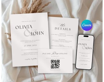 Editable Minimalist Wedding Invitation Template, Elegant Cream & Grey, Canva Evite and Printable (Digital Download)