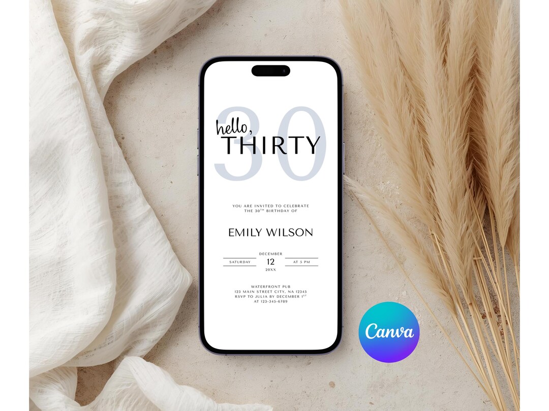 Editable 30th Birthday Invitation Template, Modern Minimalist Canva ...
