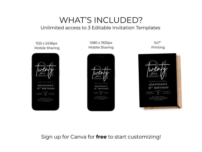 May include: Black and white invitation templates for a 21st birthday. The design includes the word "Twenty One" in a stylish font, with the name "Jonathan" and the date. The image shows the invitation on a phone and printed.