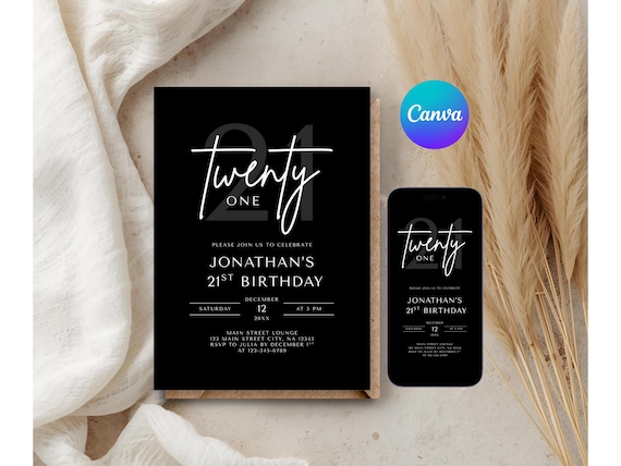 Editable Modern 21st Birthday Invitation Template, Minimalist Canva Evite and Printable (Digital Download)