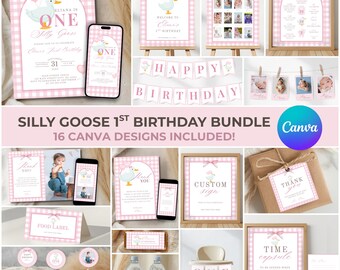One Silly Goose First Birthday Bundle, Editable Girl 1st Birthday Party Decor, Pink Bow Birthday Invitation Bundle Printable Canva Template