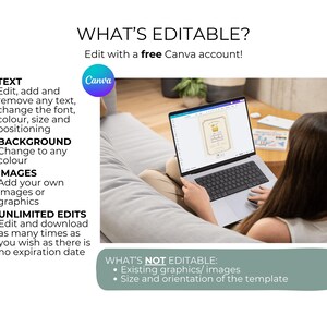 May include: A laptop displaying a Canva template is held by a person. The text "WHAT'S EDITABLE?" and editing options are listed. The image highlights text, background, and image editing capabilities. The Canva logo is visible.