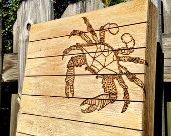 Blue Crab wood burning on wood wall art