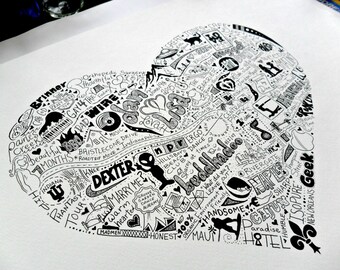 May include: A black and white ink drawing of a heart filled with words and phrases. The words include "Brinner", "Gay", "Dexter", "Indiana", "Hawaii", "Paradise", "Honest", "Maui", "Sharp", "Geek", and "Isopure".