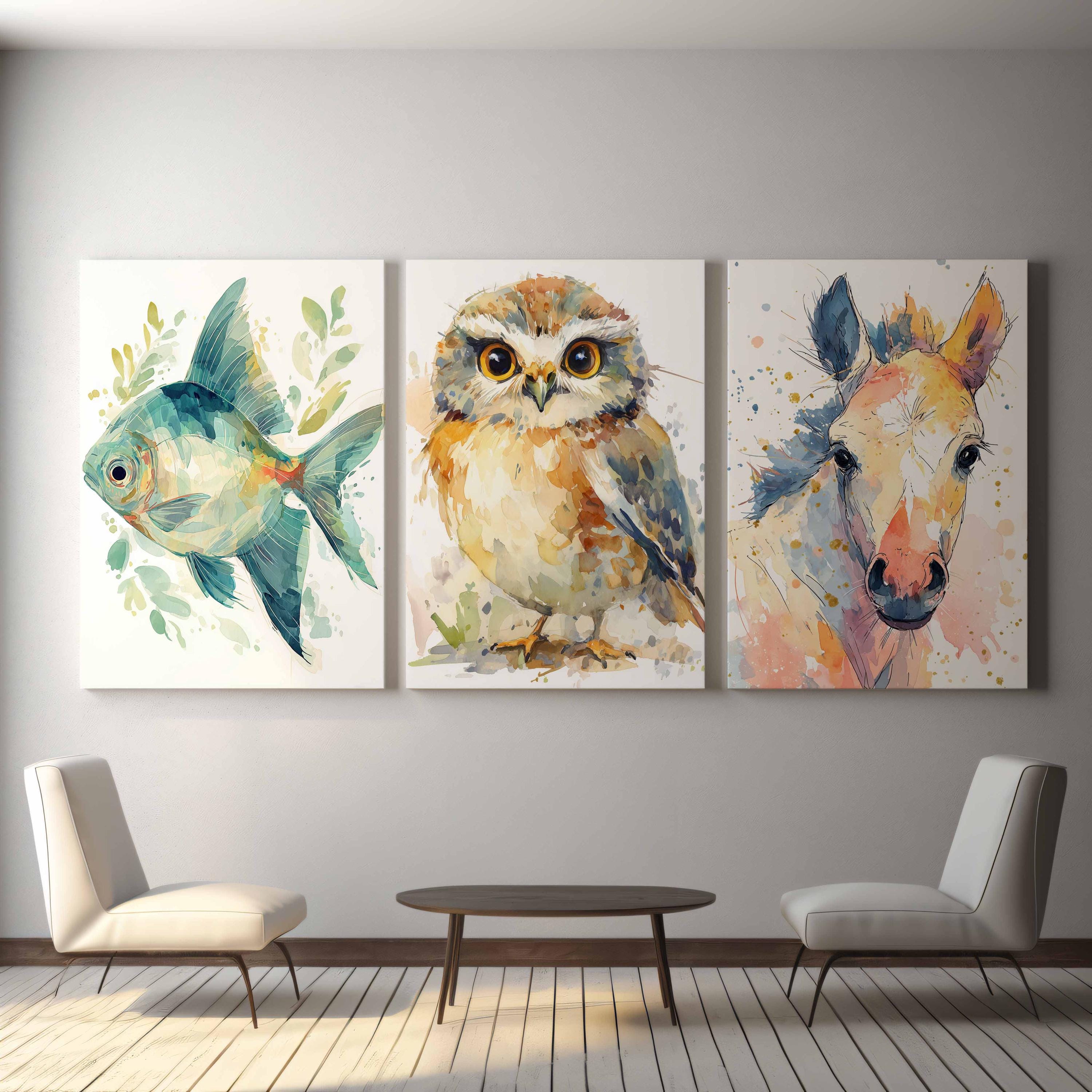 Watercolor Animal Gallery Wall Art Set, Fish Owl Horse Prints, Printable Cottagecore Decor, Mystic W