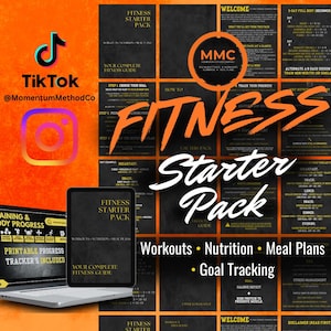 May include: A digital fitness starter pack with the text "Fitness Starter Pack" and "Workouts, Nutrition, Meal Plans, Goal Tracking." The image includes a tablet, laptop, and social media icons for TikTok and Instagram.