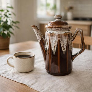 Vintage Drip Glaze Coffee Pot, Brown Ceramic Teapot, Mid Century 1960s 1970s, Rustic Farmhouse Kitchen Decor