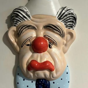 Large Vintage Clown Wall Plaque, Signed Boudin, Sad Clown Mask, Retro Ceramic Wall Decor, Mid Century Art