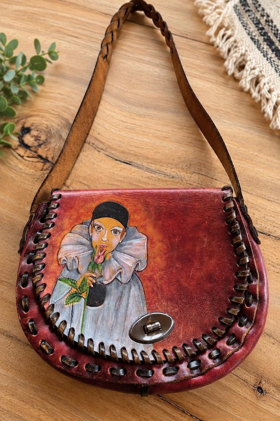 Vintage Leather Crossbody Bag, Handcrafted Tooled Leather Purse, Burgundy Shoulder Bag, Painted Art Panel, Boho Vintage Handbag