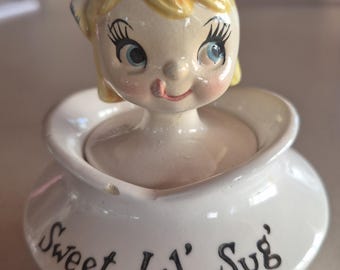 Vintage Lefton Pixie Ware Sweet Li'l Sis Sugar Bowl with Spoon, 1950s 1960s, Hand Painted Ceramic