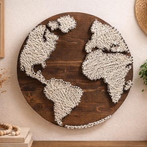 Wood World Map Wall Art, String Art Map on Wood, Rustic Travel Decor, Handmade World Map, Boho Wall Hanging