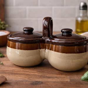 Vintage Double Spice Jar with Lids, Rustic Stoneware Condiment Container | Vintage double stoneware condiment jar