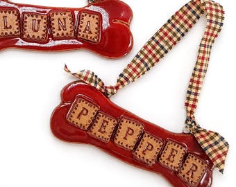 Personalized Dog Ornament, Ceramic Dog Bone, Custom Pet Name Keepsake, Handmade Pottery Christmas Tree Decor, Dog Gift, Fur Baby Memorial