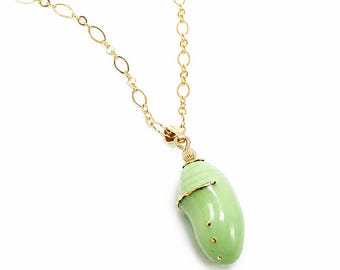 Miniature Monarch Butterfly Chrysalis Theme Pendant, Pottery Necklace, Ceramic Nature Lover Jewelry Gift, Cocoon Pendant