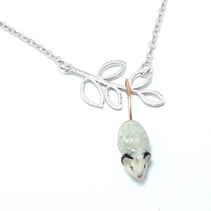 Mini Pottery Opossum Charm Necklace, Miniature Ceramic Possum Branch Pendant, Silver Wildlife Animal Jewelry, Nature Lover Gift USA Handmade