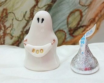 Mini Ceramic Ghost BOO Ornament, Miniature Fall Fairy Garden Decor, Halloween Doll House Pottery Goblin, USA Artisan Harvest Decoration