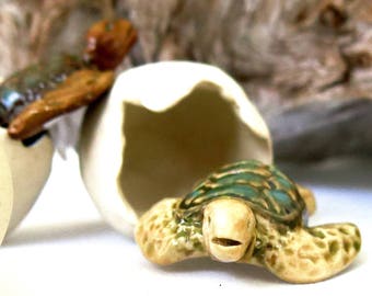 Ceramic Hatching Baby Sea Turtle Egg Sculpture, 2 Piece USA Artisan Handmade Pottery Green Honu Totem Lover Gift Beach Ocean Cottage Decor