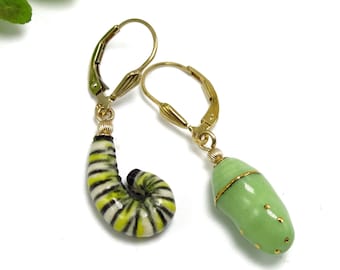 Pottery Monarch Caterpillar Chrysalis Earrings, Butterfly Lover Gift Garden Theme Ceramic Jewelry, Larvae Metamorphosis USA Artisan Handmade