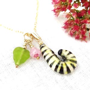 Ceramic Monarch Caterpillar Pendant, Pottery Charm Necklace, Butterfly Lover Gift, Symbolic Metamorphosis Garden Jewelry, Artisan Handmade
