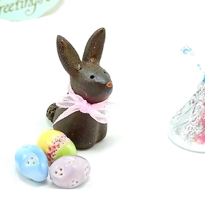 SET Chocolate Brown Easter Bunny Eggs, Mini Ceramic Rabbit, Spring Gift Collectable Pottery Ornament, Handmade Nature Lover Basket Stuffer