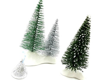 Silver Green Bottle Brush Trees, Woodland Forest Decor, Christmas Vintage Theme, Shelf Ornament Mantel Decoration, Minimalist Holiday Gift