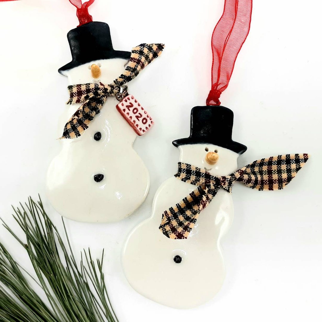 Personalized Ceramic Snowman Ornament / 1 Custom Handmade Pottery Christmas Tree Decoration