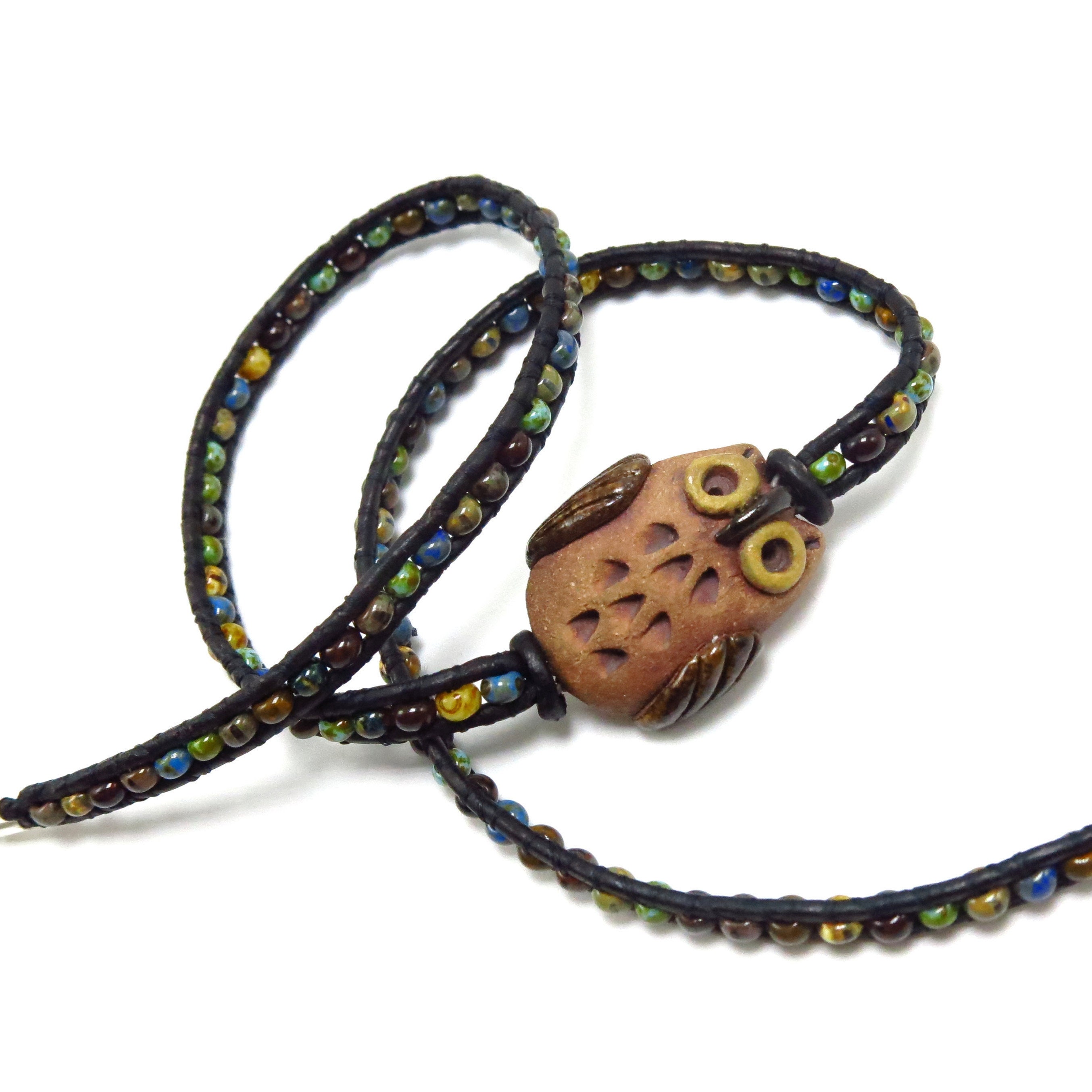 Ceramic Owl Multi Wrap Bracelet, Organic BOHO Nature Jewelry, Earthy Beaded Pottery Bird, Animal Lov