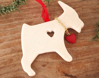 Ceramic Goat Ornament, Christmas Pottery Farm Animal Theme Valentine Decor, Goat Lover Gift, Holiday Heart Decoration,  USA Artisan Handmade