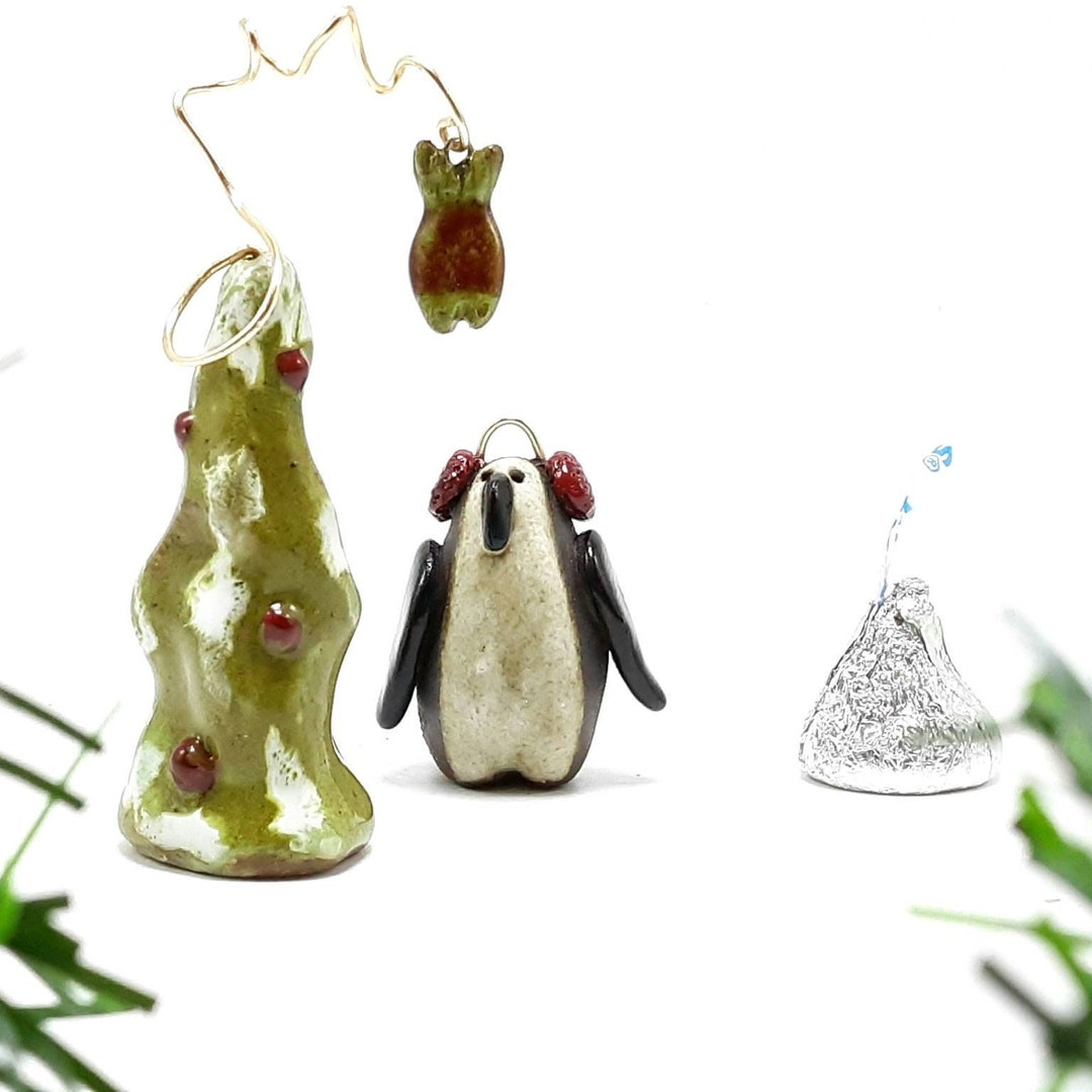 Mini Ceramic Penguin Tree Set, Miniature Pottery Christmas Ornament