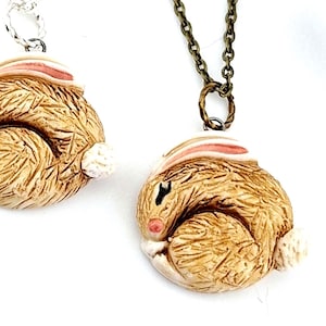 May include: Two pendant necklaces featuring sleeping bunny rabbit charms. The bunnies are tan with pink-lined ears, black eyes, and a white fluffy tail. One necklace has a silver chain, the other has a bronze chain.